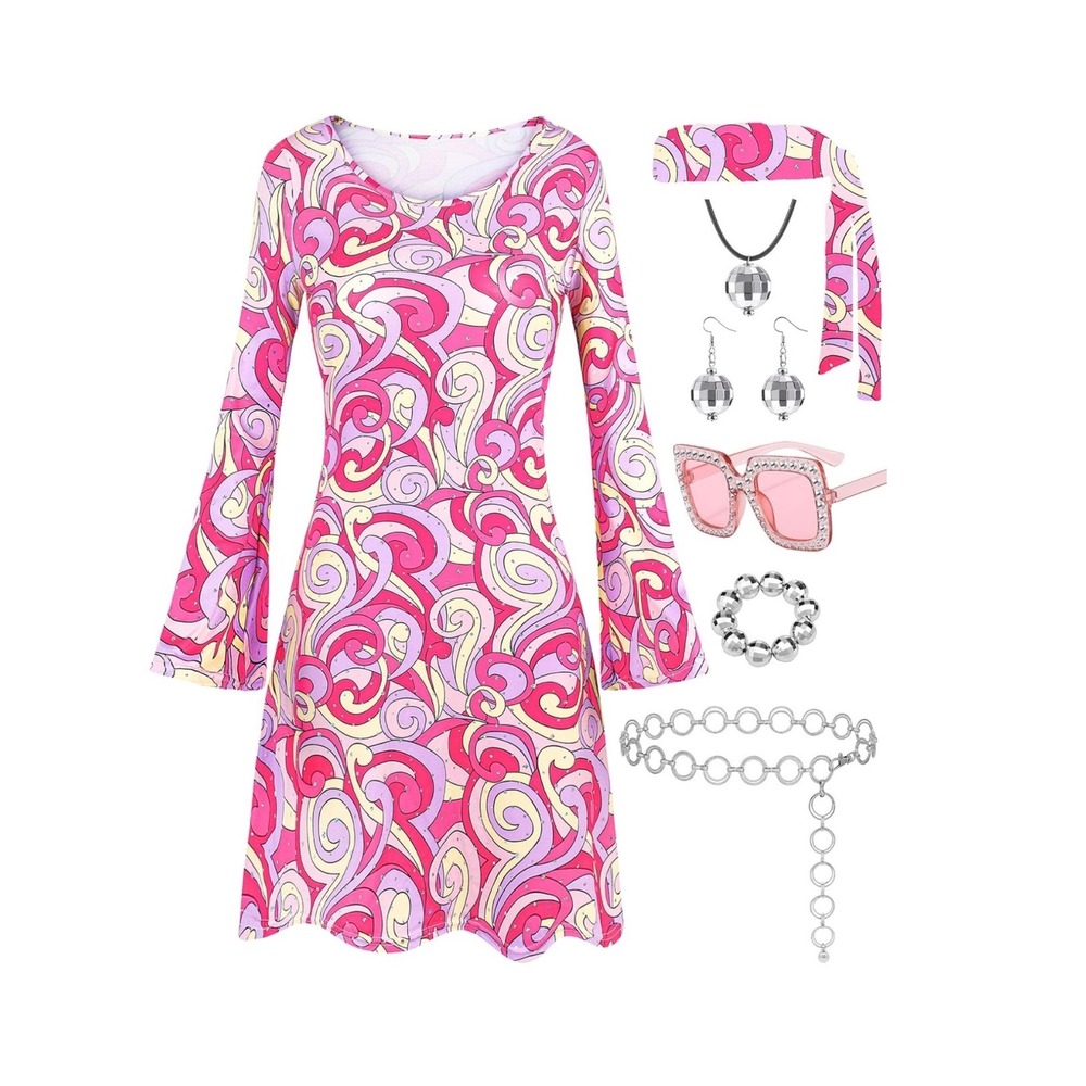 8pc Womens 60s 70s Gogo Girl Costume Set Psychedelic Dress Accessories Large